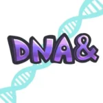 The logo for the genetics podcast DNA&. This is the words DNA and in a purple colour with a double helix DNA strand behind them on a white background.