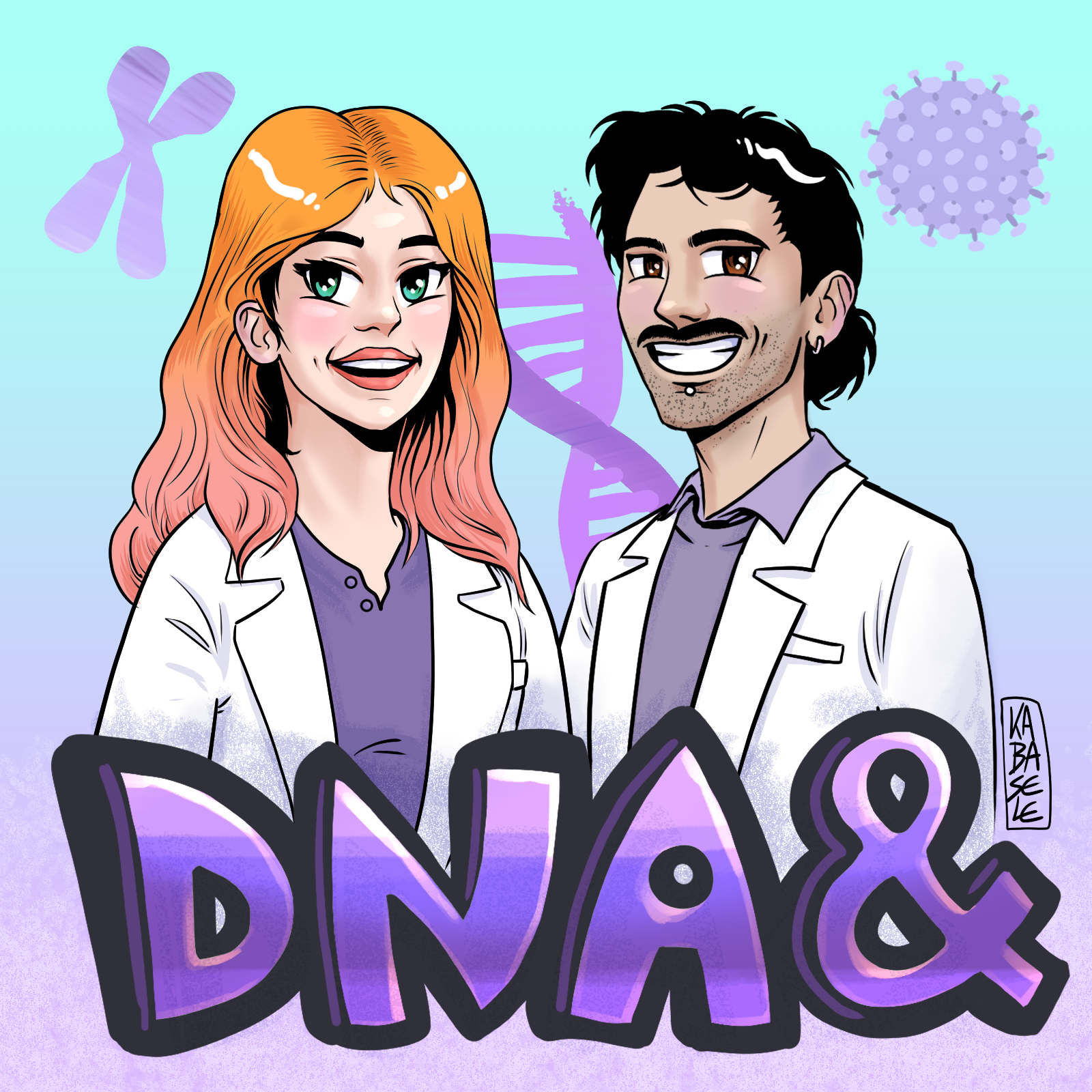 The official logo of DNA& showing illustrations of Dr Hannah Maude and Angelos Manolias on an artistic background of blue and purple.